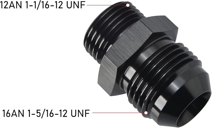 16AN Male Flare to 12AN ORB O-ring Boss Fuel Pump Rail Adapter Fitting Aluminum Black