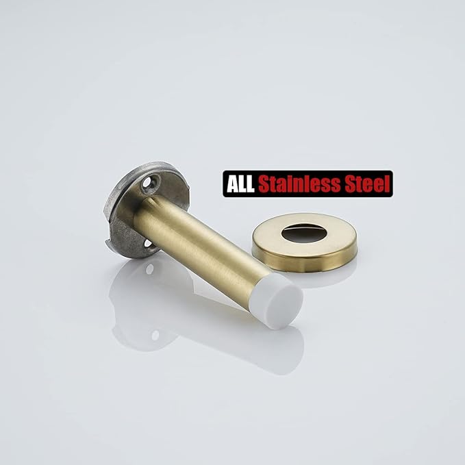 JQK Door Stopper Gold, 304 Stainless Steel Thicken 1mm Sound Dampening Door Stop Bumper Wall Protetor 2 Pack, Brushed Gold Black Tip, DSB5-WG-P2