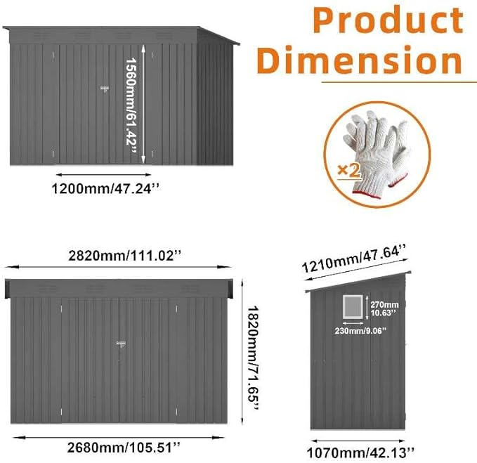4x9 FT Outdoor Storage Shed,Metal Shed W/Window,Garden Storage Shed W/ 6 Air Vents & 2 Swing Doors,Weatherproof Tool House W/Sloped Roof,for Backyard Patio Lawn,Gray