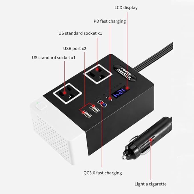 300W Car Power Inverter, DC 12V to 110V AC Car Plug Adapter Outlet with USB 3.0/2.0 Charger Type-c Port/car Charger for Laptop