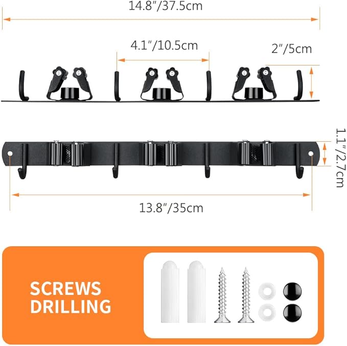 2 Pack Broom Hanger and Mop Holder, Heavy Duty Garden Tool Organizer Rack Rake and Shovel Handle, Stainless Steel Wall Mounted Utility Rack with Screws (3 Racks with 4 Hooks, Matte Black).