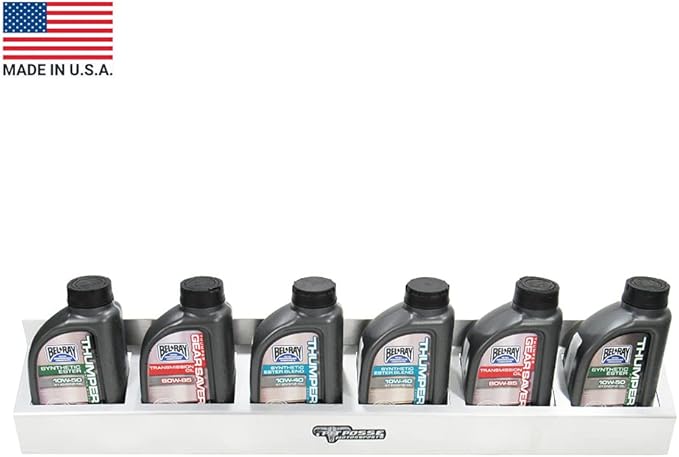 Pit Posse 304 Six Quart Oil Can Rack Holder 32" Caddy Wall Hanger Aluminum Shelf - Made in USA - Holds 6 Quarts of Motor Engine Oil - Enclosed Race Trailer Shop Garage Storage Organizer (Silver)
