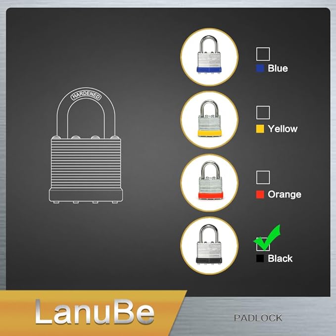 LanuBe Lock Laminated keyed Padlock (1-9/16", 40mm), keyed Alike Locks, Normal Shackle,Marked Black Plastic Hoop, Pack of 6…