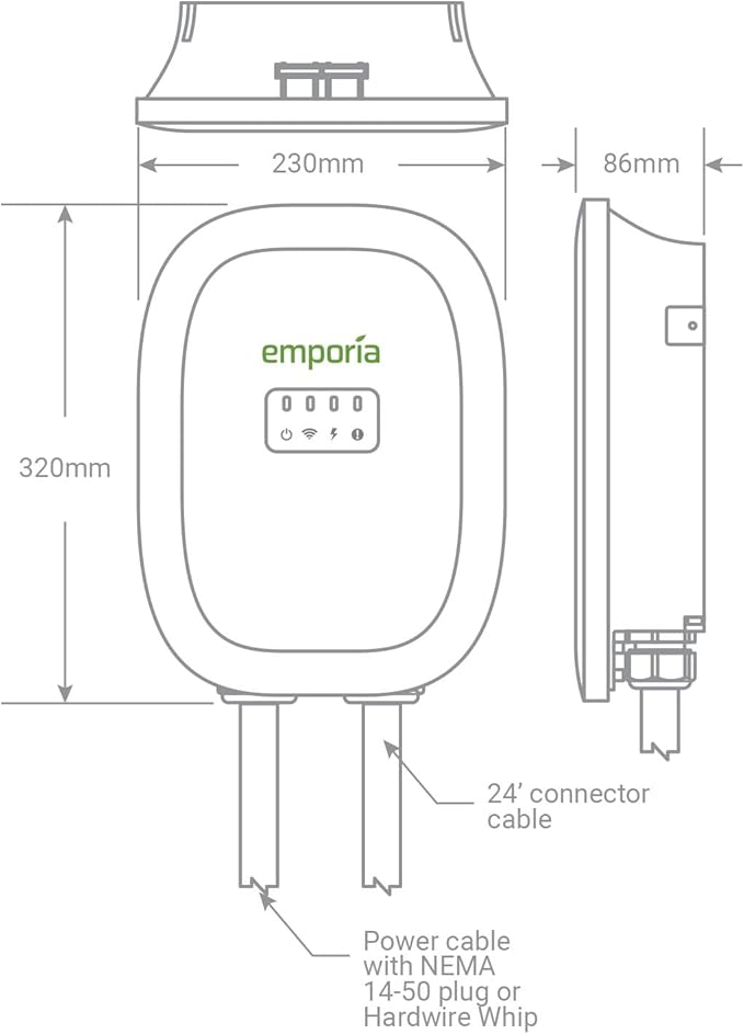 EMPORIA Level 2 EV Charger - NEMA 14-50 EVSE w/ J1772 Charger - 48 amp EV Level 2, 240v WiFi Enabled Electric Vehicle Charging Station, 24ft Electric Cable, Black