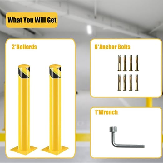 Bollard Post(42''*4.5''), Steel Bollards, Safety Bollard Yellow Powder Coated Parking Bollard Driveaway Barrier for Traffic-Sensitive Area, Garage or Parking Lot(42''-2pcs)