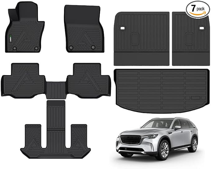 ANBINGO® Floor Mats & SeatBack Cargo Liner | CX90 2024-2025 7 Passenger | 2nd Row with Bucket Seat or Captain Seat | (60/40 Velcro Tape Fixed Backmats) TPE 3 Rows Waterproof Car Mat