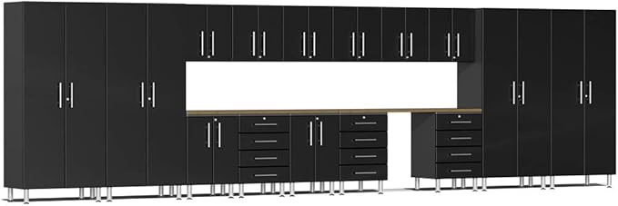Ulti-MATE UG22172B 17-Piece Garage Cabinet Kit with Bamboo Worktop in Midnight Black Metallic