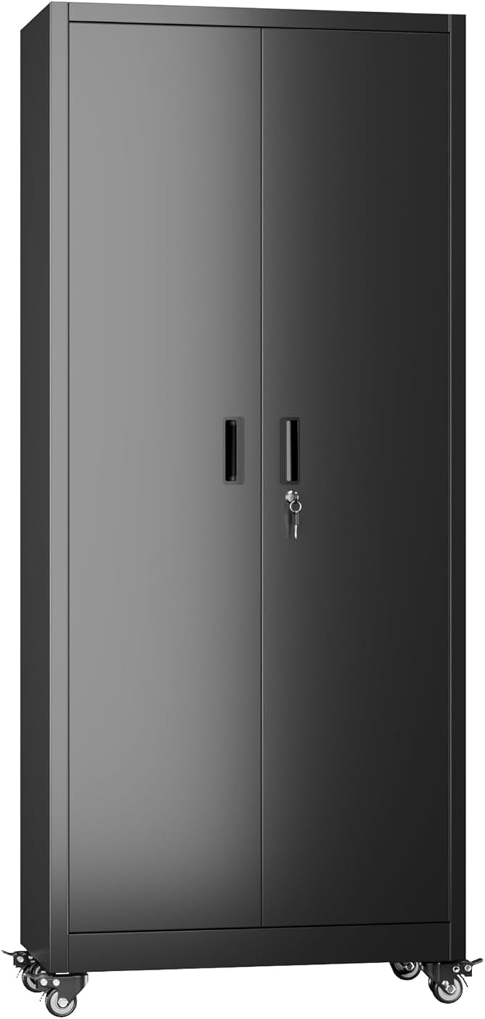 Garage Storage Cabinet with with Pegboard and Wheels,73" Metal Lockable File Cabinet with 2 Doors and 4 Adjustable Shelves,Tool Storage,Home Office Garage,Gym,School (Black)