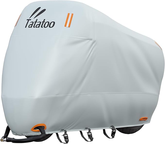 Motorcycle Cover Waterproof Outdoor, 300D Heavy Duty, UV & Rain Resistant, 3 Wind-Resistant Buckles, Dual Lock Holes, Includes Storage Bag, Fits Most Motorcycles up to 104",Silver