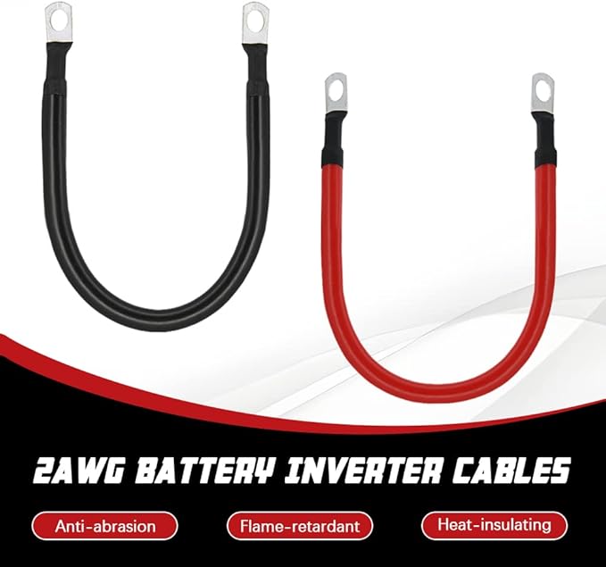 2 AWG Battery Cable 2AWG Gauge Pure Copper Battery Inverter Cables with 3/8 in Lugs Both Ends Power Inverter Wire Set for Automotive Solar Marine Boat RV Car Motorcycle Red and Black (1FT)