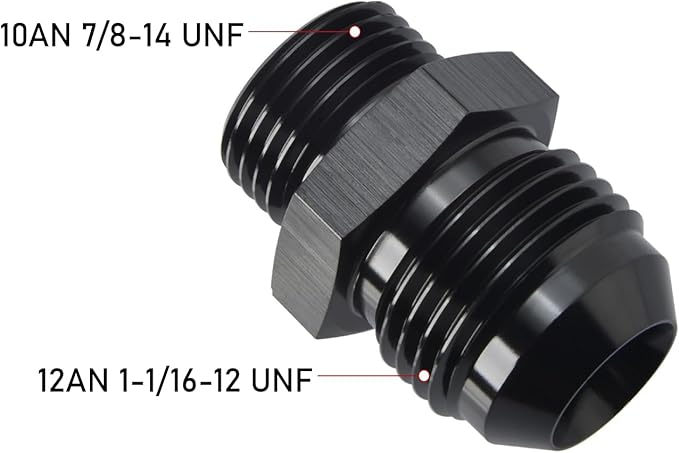 12AN Male Flare to 10AN ORB O-ring Boss Fuel Pump Rail Adapter Fitting Aluminum Black, Pack of 2