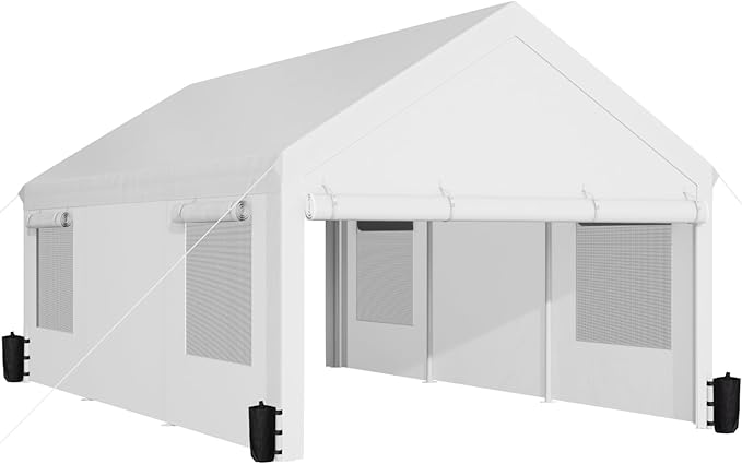 JAMFLY 12x20 ft Heavy Duty Carport with Roll-up Windows & Removable Sidewalls & Doors – Portable Garage Canopy with All-Season Tarp, Sandbags for Car, Truck, Boat, Motorcycle, White