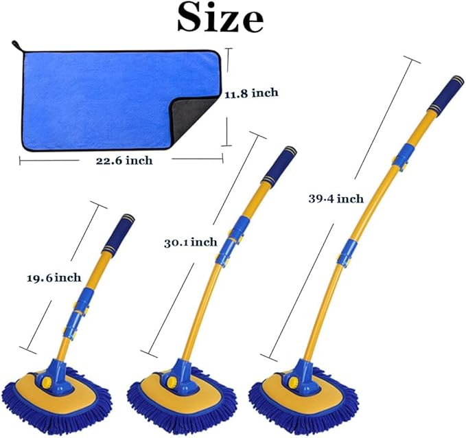 Car Wash Brush with Long Handle, Microfiber Towels Car Wash Kit Cleaning Supplies, Car Wash Mop Mitt with 2 Replacement Head , Extension Pole Car Brush Cleaning Kit for Cars Trucks(Blue)