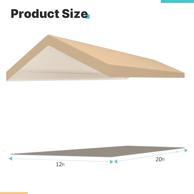Carport Replacement Canopy Cover for 12' x 20' Car Tent Top Garage Shelter Cover Tarp with Ball Bungees (Only Top Cover, Frame Not Include) (Beige, 12' x 20')
