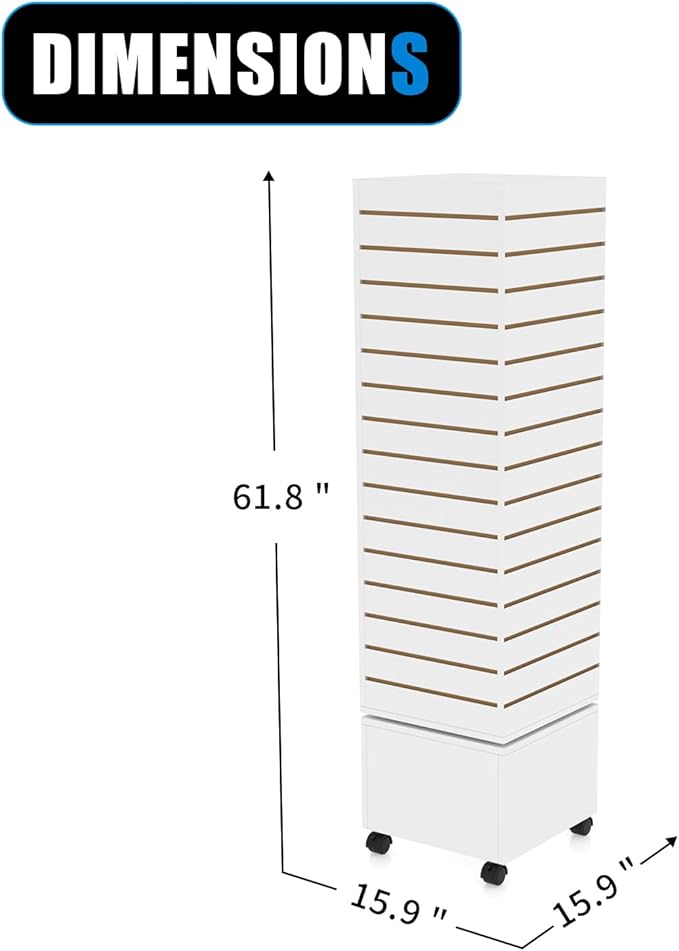 WISDOMFUR Rotating Slatwall Display Rack – 16"x16"x60" White Spinning Tower with Wheels – Retail Display Fixture for Accessories, Hooks & Shelves