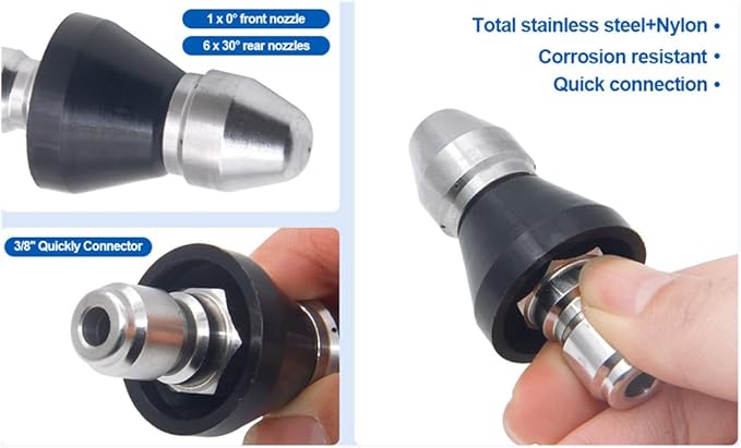 (2Pcs) Pressure Washer Sewer Jetter Nozzle with Stainless Steel, Durable Design Sewer Jet Nozzle,Pressure Drain Jetter Hose Nozzle,3/8'' Quickly Connector, 5000 PSI Orifice 6.5