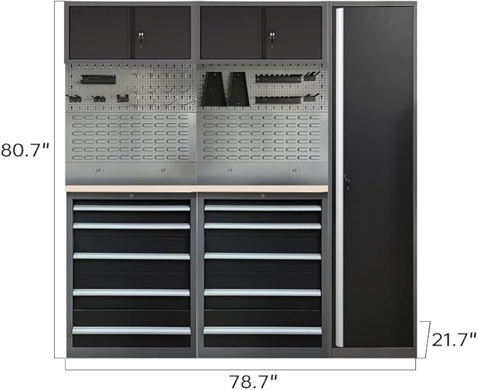 JZD Steel Garage Cabinet System, Tool Organization with Wooden Worktop, for Auto Repair Shop Basement Factory