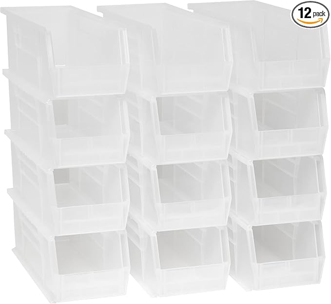 Akro-Mils 30234 AkroBins Plastic Storage Bins, Space-Saving Stackable Bins for Garage, Pantry, Craft Organization, 15-" x 5-" x 5-", Clear, 12-Pack