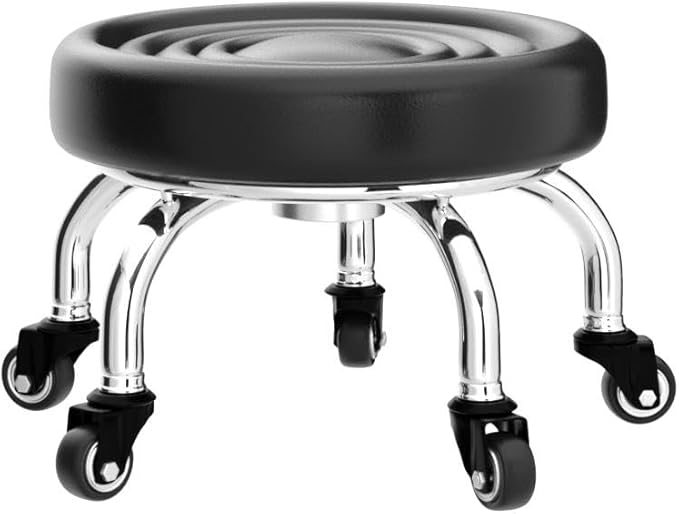 Low Rolling Stool, Low Stool with Wheels, PU Leather Low Roller Seat Stool Chair, Rolling Seat Stool for Home Office Garage Shop (Style 2)