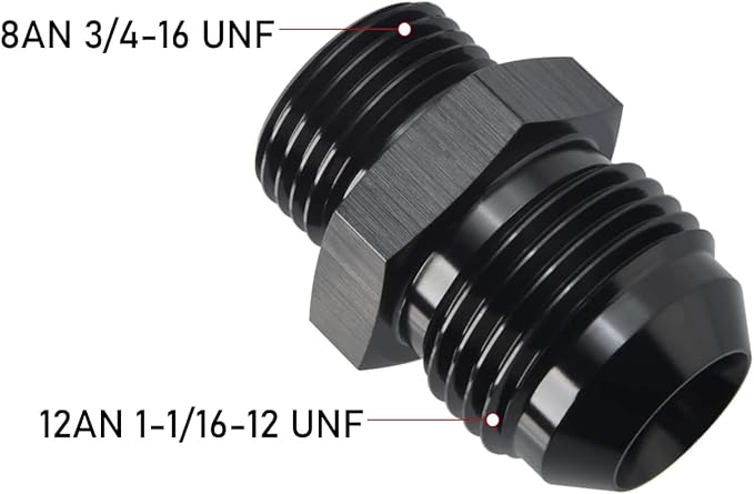 12AN Male Flare to 8AN 8 ORB O-ring Boss Fuel Rail Adapter Fitting Aluminum Black, Pack of 2