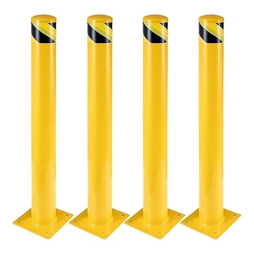 4-Pack Heavy Duty Safety Bollards, 42" Height, 4.5" Diameter Steel Pipe Bollard Post with 16 Anchor Bolts, High-Visibility Yellow Parking Bollard for Traffic Control, Warehouses, & Pedestrian Safety