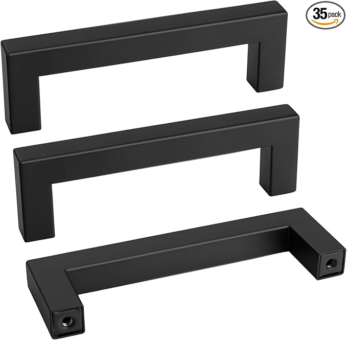 Matte Black Cabinet Pulls Kitchen Drawer Door Flat Square Bar Goldenwarm Pull, 3 3/4 Inch in Hole Center 35 Pack, LSJ12BK96, Modern Black Hardware for Cabinets