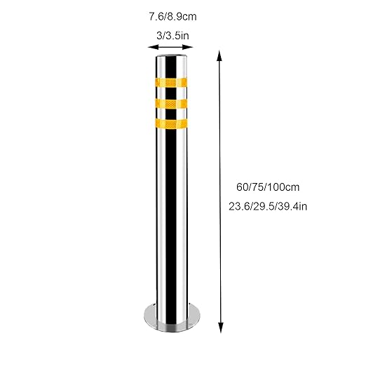 Stainless Steel Parking Bollards for Driveway, Industrial Safety Bollards Reflective Channelizer Post, Parking Barrier, Sturdy and Durable, Easy to Install, for Crowd Control(Silver (1pcs),8.9*75cm/3.