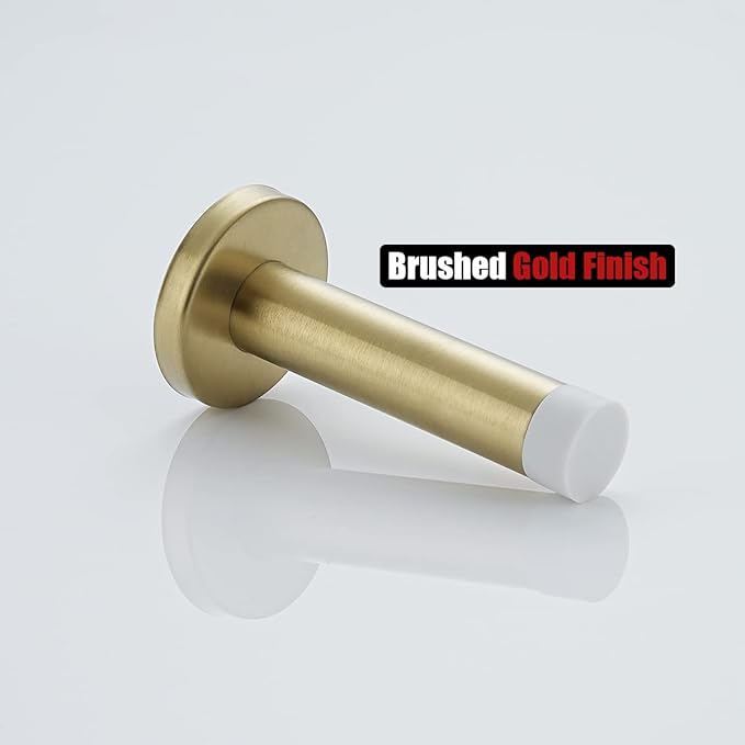 JQK Door Stopper Gold, 304 Stainless Steel Thicken 1mm Sound Dampening Door Stop Bumper Wall Protetor 2 Pack, Brushed Gold Black Tip, DSB5-WG-P2