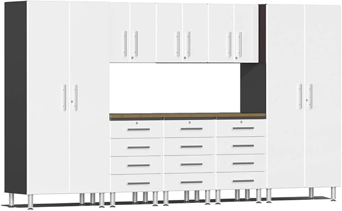 Ulti-MATE UG22092W 9-Piece Garage Cabinet Kit with Bamboo Worktop in Starfire White Metallic
