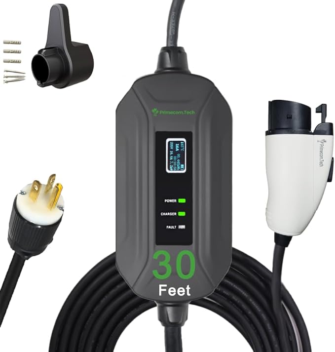 PRIMECOM Level 2 EV Charger 220/240V, 16A, 30ft & 50ft, Portable EVSE Electric Vehicle Charging Cable Compatible with Bolt Volt Leaf BMW i3 Fiat 500e Clarity NIRO Prius (30 Feet, 6-20P)