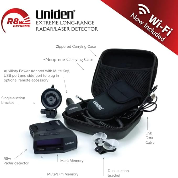 Uniden R8W (New Model) Extreme Long Range Laser/Radar Detector, 360° Awareness, Directional Arrows, Wi-Fi, Bluetooth, GPS, Real-Time Voice Alerts, Red Light & Speed Camera Alerts, R/TACH App