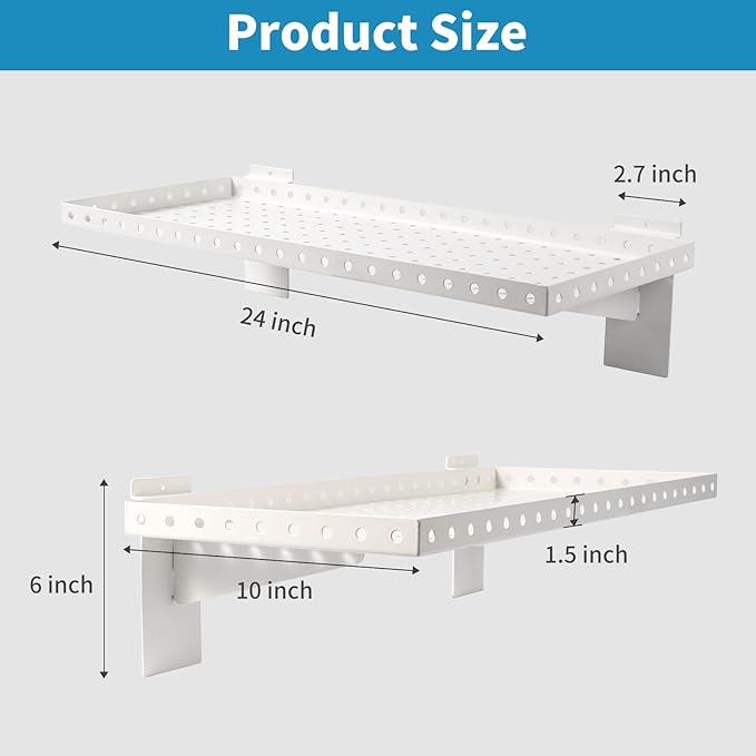 Slatwall Shelves 24x10 Inch, Slatwall Accessories for Retail, Garage, Home Storage, Heavy Duty Slat Wall Hanging Shelf (2, White)