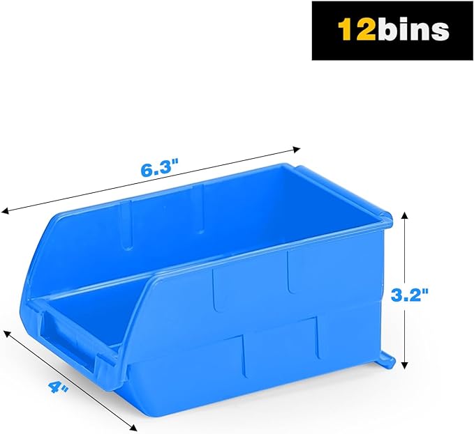 Ultrawall Wall Mounted Storage Bins, Plastic Hanging Storage Organizer Bins, Garage Tool Storage System for Screws, Nuts, Bolts, Nails, and Small Hardware Parts, 12x bins & 3 x rails, Blue