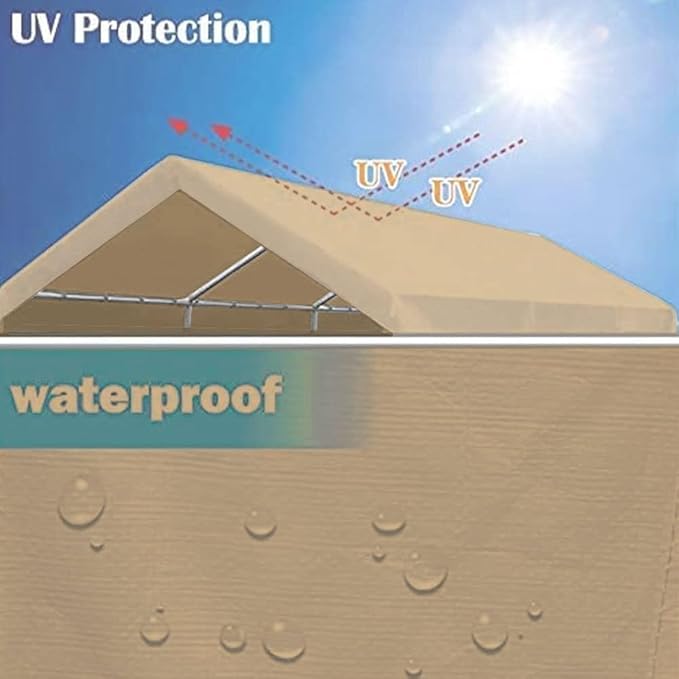 10'x20' Upgraded Carport Replacement Top Canopy Cover Beige for Car Garage Top Tarp Shelter Waterproof & UV Protected w/Ball Bungees (Only Top Cover, Frame is not Included)