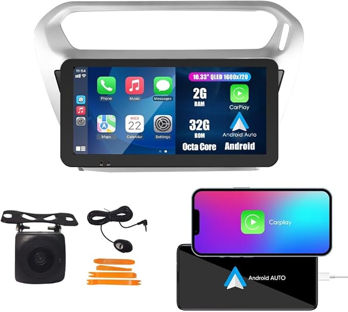 Kunfine Car CarPlay Android Auto Navigation Stereo GPS Radio Reverse Camera Display 10.33" QLED Touchscreen Headunit Tablet Pad Media Player For Peugeot 301 13-22 if Applicable Octa Core 2G+32G Silver