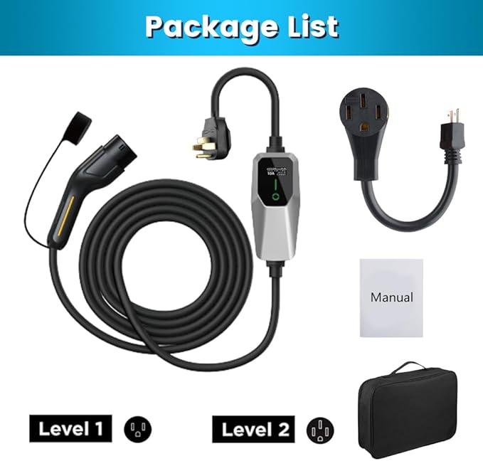 Portable Level 1 and Level 2 EV Charger 240V 32A (7.68kw) with 26ft Charging Cable NEMA 14-50 5-15 for SAE-J1772 Electric Vehicles Charging Station