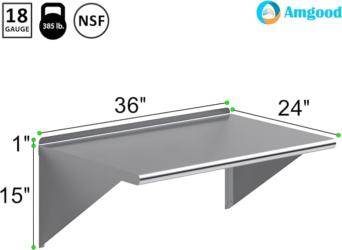 AmGood 36" Long X 24" Deep Stainless Steel Wall Shelf | NSF Certified | Appliance & Equipment Metal Shelving | Kitchen, Restaurant, Garage, Laundry, Utility Room