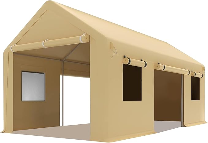 10 x 20FT Heavy Duty Carport with Roll-Up Windows, Portable Garage with Removable Sidewalls & Doors, Portable Car Tent Garage with Roll-Up Windows and All-Season Tarp, for Car, Truck,