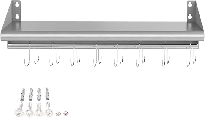 Skyflame Stainless Steel Floating Shelving with 8 Hooks, 12” x 48” Wall Mounted Commercial Shelves for Restaurant, Kitchen, Home, Hotel and Bar