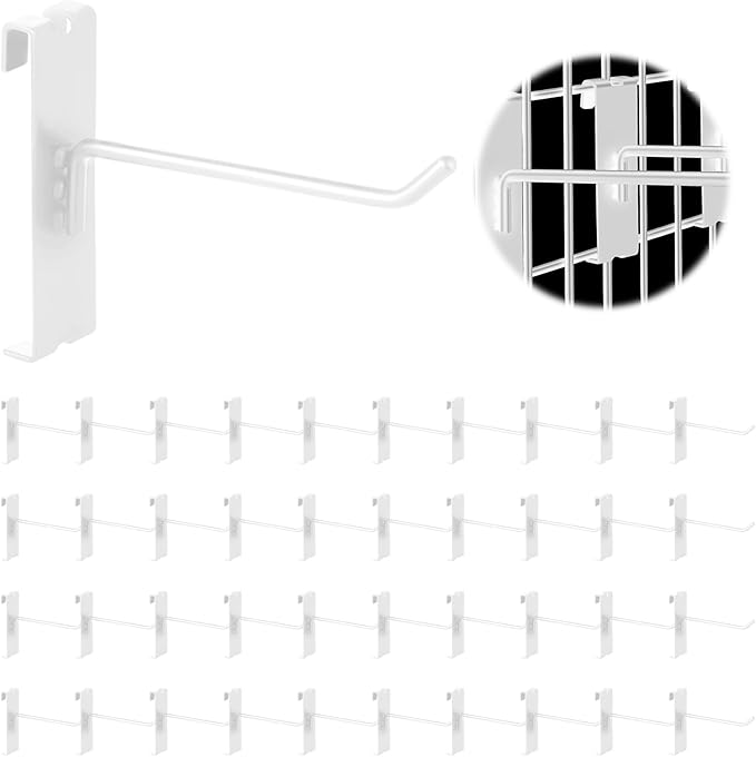 40Pcs 4" Gridwall Display Hooks Assortment Set, White Metal Grid Wall Panel Hanging Display Hook for Garage Shop Retail Storage, Wire Diameter 5mm// 0.2”