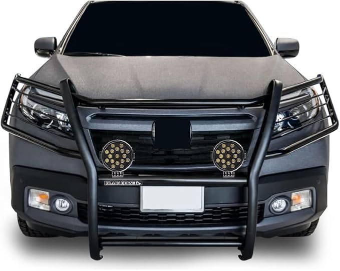 Black Horse Grille brush Bumper Guard Modular Come With pair of 7.0"Dia.LED Lights with Black Trim Rings Compatible with 2016-2019 Honda Ridgeline-17H01MA-PLB