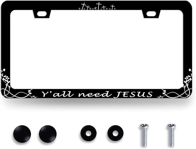 Y'all Need Jesus License Plate Frame Christian License Plate Frames Jesus Auto Accessory for Funny Text Car Decorative Stainless Steel License Plate Holder with Screws Men Women 12.2"x 6.2"
