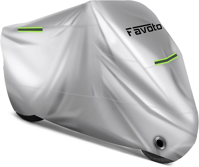 Favoto Motorcycle Cover Waterproof Outoor - Universal Heavy Duty Oxford Fabric with Lock-Hole 3 Night Reflectors Windproof Buckles Storage Bag Rain Dust Sun Protection Silver, 86.6 inch