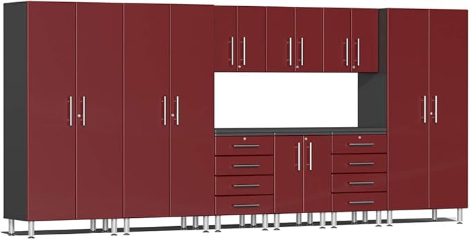 Ulti-MATE UG23101R 10-Piece Garage Cabinet Kit with Channeled Worktop in Ruby Red Metallic