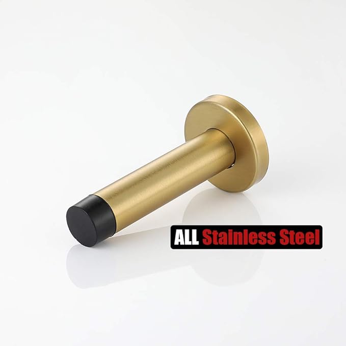 JQK Door Stopper Gold, 304 Stainless Steel Thicken 1mm Sound Dampening Door Stop Bumper Wall Protetor 2 Pack, Brushed Gold, DSB5-BG-P2