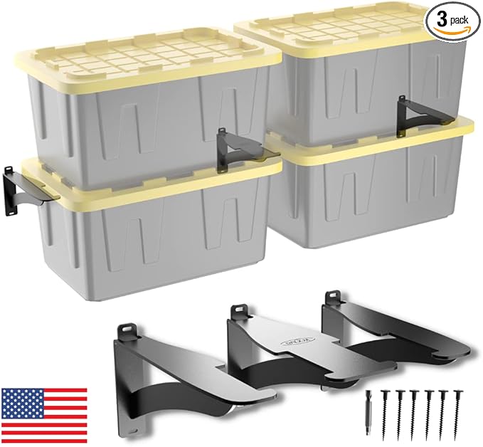 Koova Wall Mounted Tote Rack Storage System, Fits 27-Gallon Black and Yellow Commander Style Bins, Wall Mount Bracket Shelves for Garage Organization, Heavy Duty Steel, Made in USA (3-Piece Set)