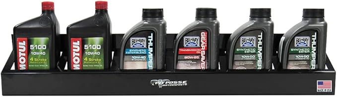 Pit Posse 304BK Six Quart Oil Can Rack Holder 32" Caddy Wall Hanger Aluminum Shelf - Made in USA - Holds 6 Quarts of Motor Engine Oil - Enclosed Race Trailer Shop Garage Storage Organizer (Black)