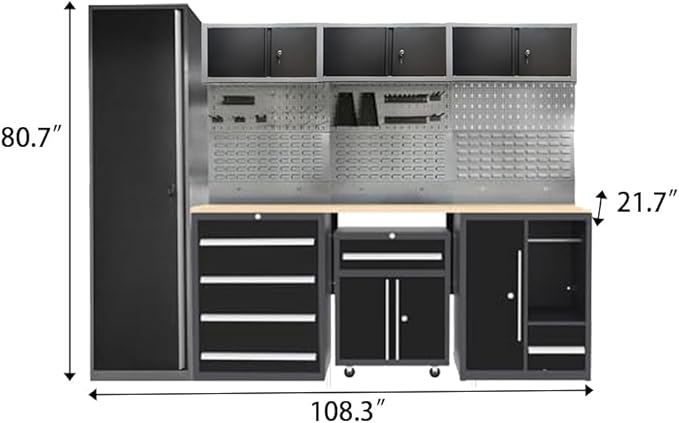 JZD Garage Storage Cabinet Set, Industrial Strength Tool Storage System, Wall Mounting Not Necessary