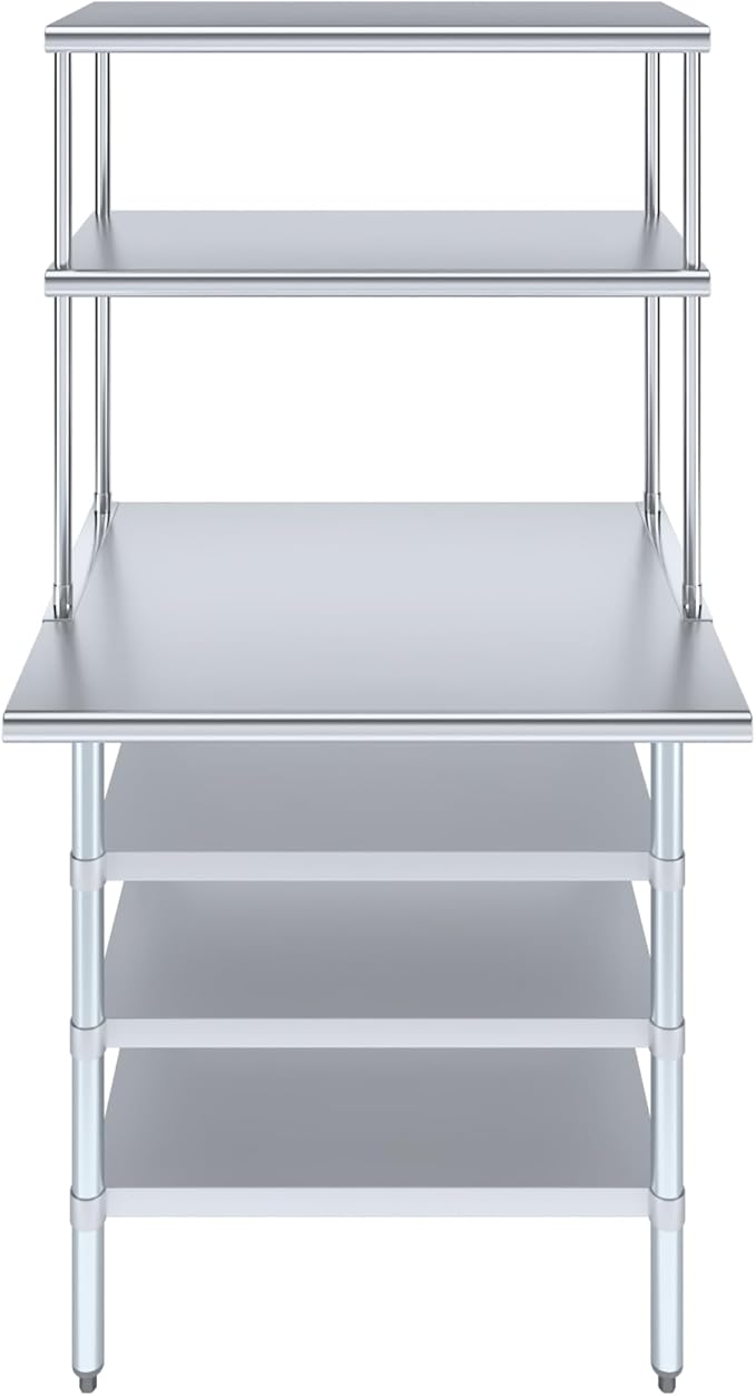 Amgood 30" x 36" Stainless Steel Work Table with 3 Shelves and 18" Wide Double Tier Overshelf | Metal Kitchen Prep Table & Shelving Combo | NSF