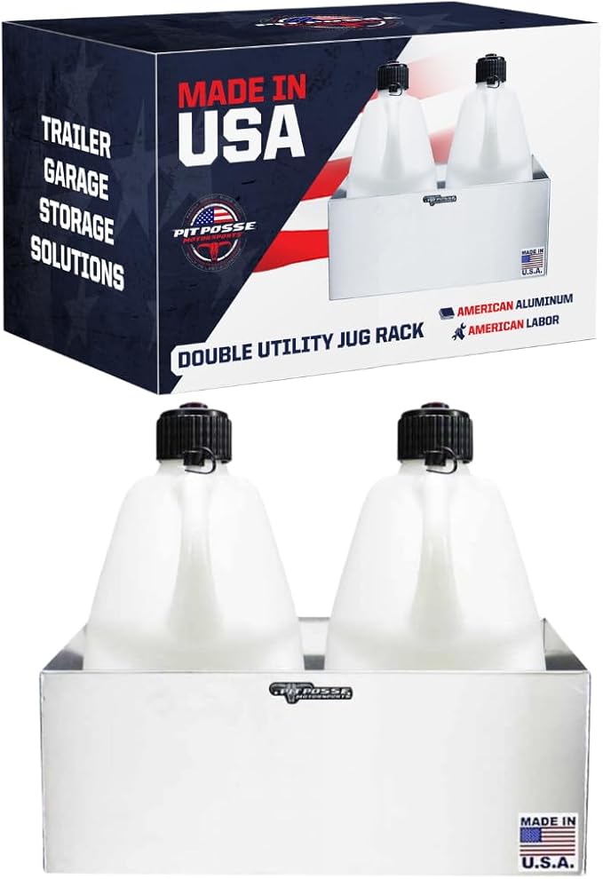 Pit Posse 430 Utility Fuel Jug Holder Rack - Fits 2 5 Gallon Jugs -Made in USA- Aluminum Storage Organizer - Use at Your Shop/Garage/Enclosed Race Trailer - Anti Rust